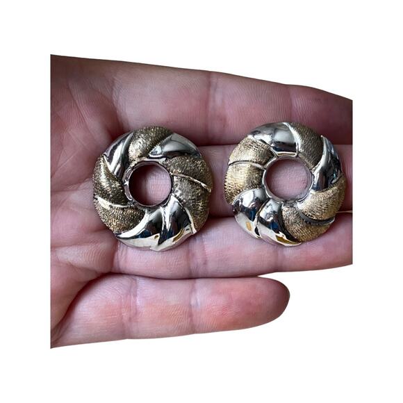 Vintage Mexican Sterling Silver Gold Plate Earrings, Large Circle Post Earrings - Picture 5 of 6